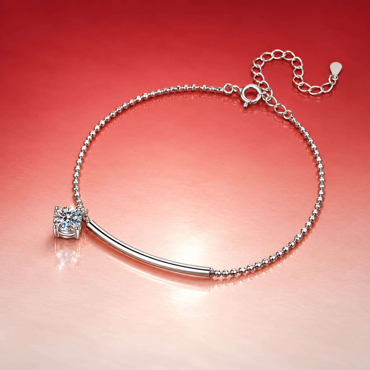Curved Bar Solitaire Chain Bracelet — 925 Sterling Silver