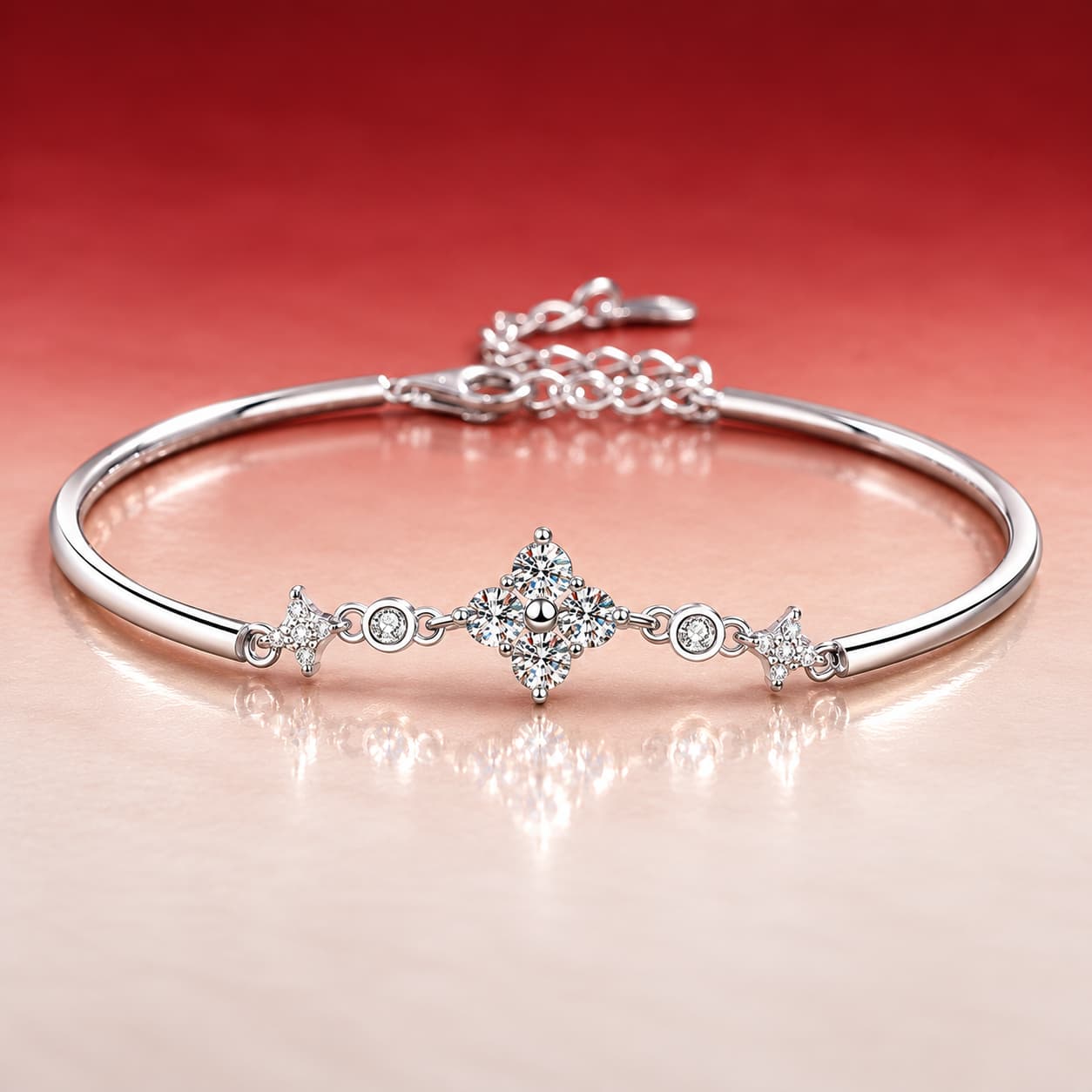 Luna Series · Clover and Twin-Star Bangle — Sterling Silver