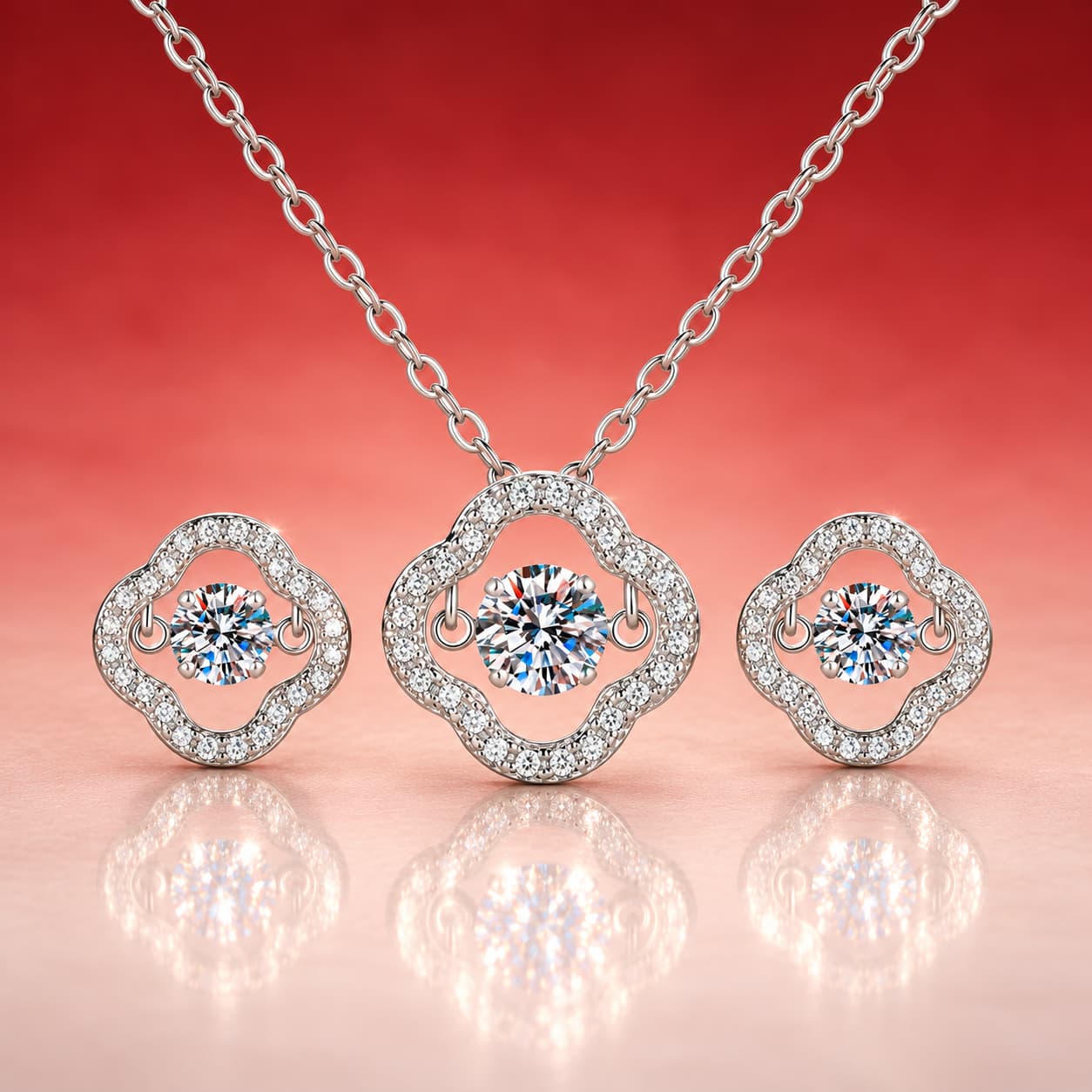 Luna Series · Clover Halo Necklace and Stud Set — Sterling Silver — image 1