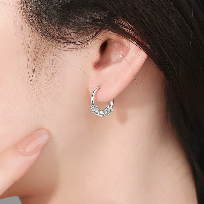 Luna Series · Twin-Flower Pavé Huggie Earrings — 925 Sterling Silver — image 2
