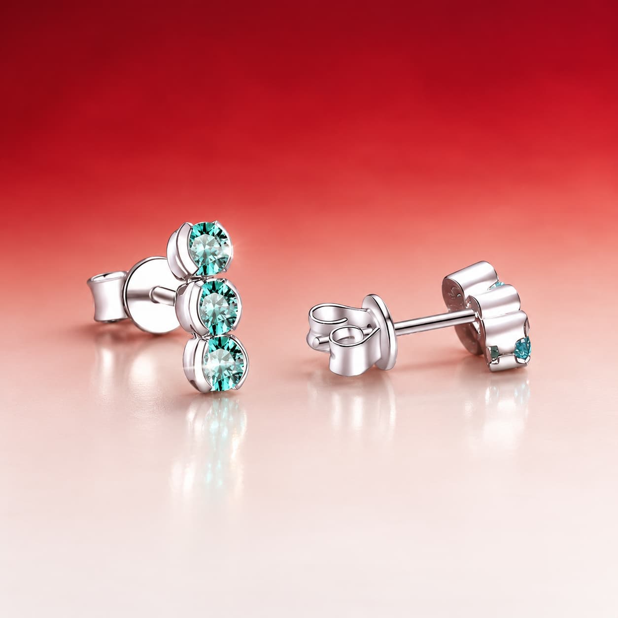 Luna Series · Lake-Green Triple-Stone Stud Earrings — 925 Sterling Silver — image 3