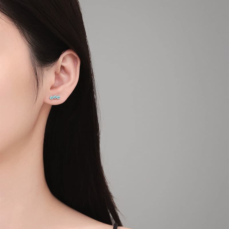Luna Series · Lake-Green Triple-Stone Stud Earrings — 925 Sterling Silver — image 2