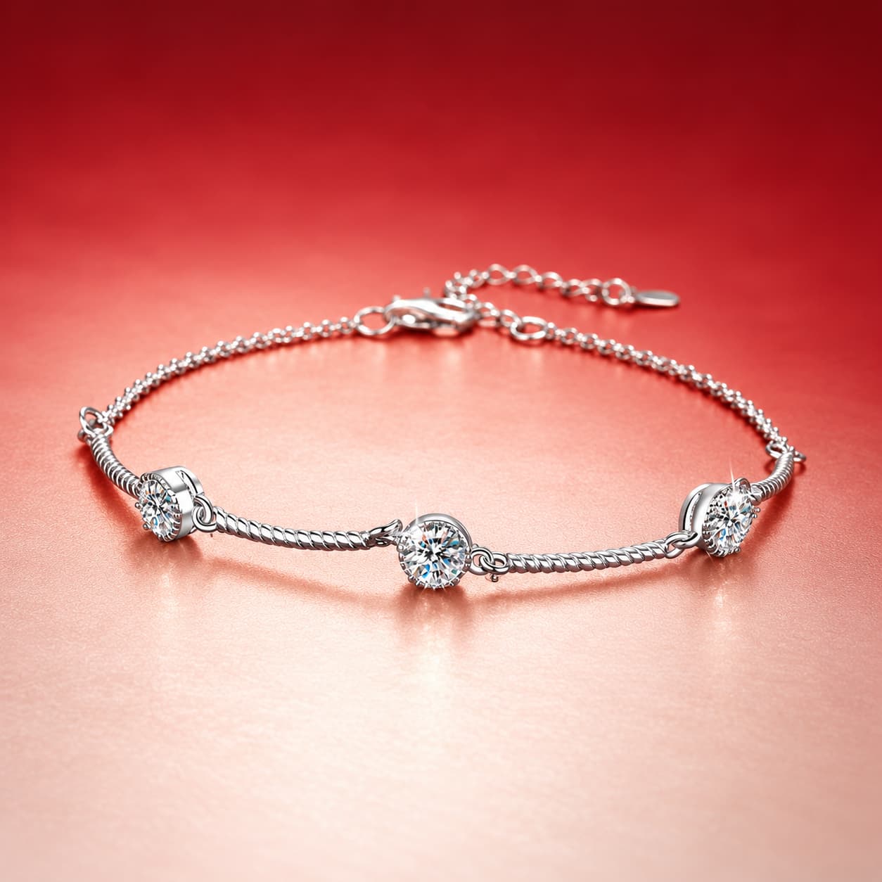 Luna Series · Three-Stone Rope-Link Bracelet — 925 Sterling Silver