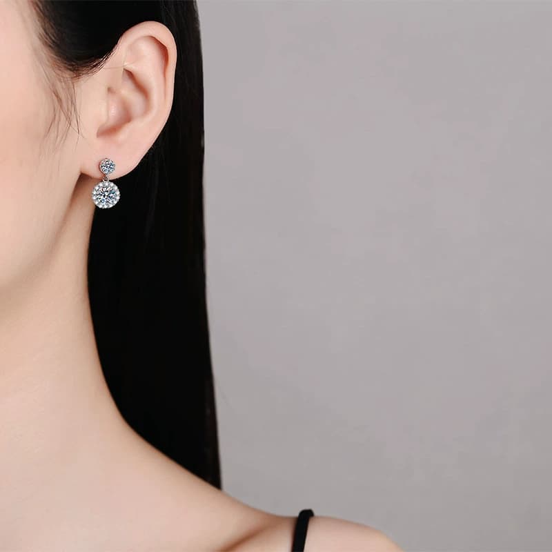 Luna Series · Round Halo Drop Earrings — Sterling Silver — image 2