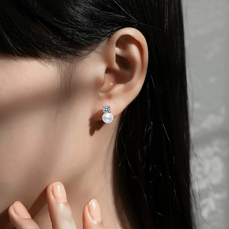 Luna Series · Pearl-Accent Round-Stone Stud Earrings — Sterling Silver — image 2