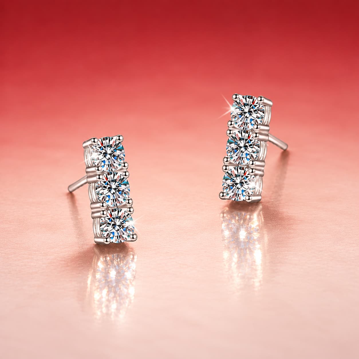 Luna Series · Three-Stone Round-Cut Bar Stud Earrings — Sterling Silver — image 3