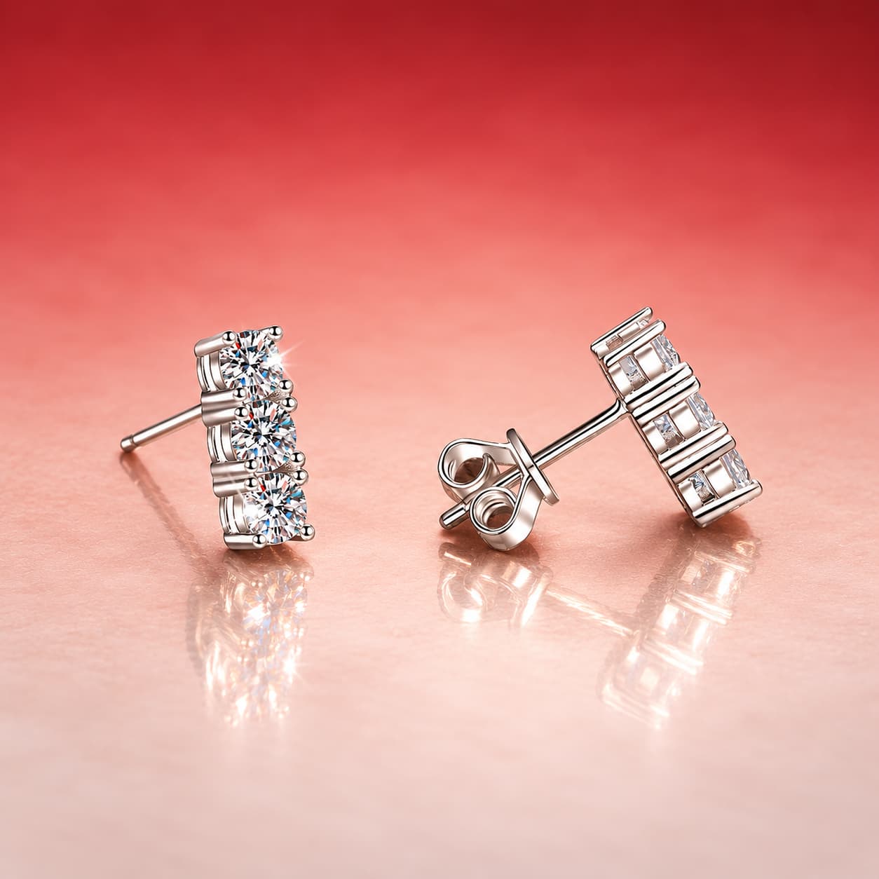 Luna Series · Three-Stone Round-Cut Bar Stud Earrings — Sterling Silver — image 4