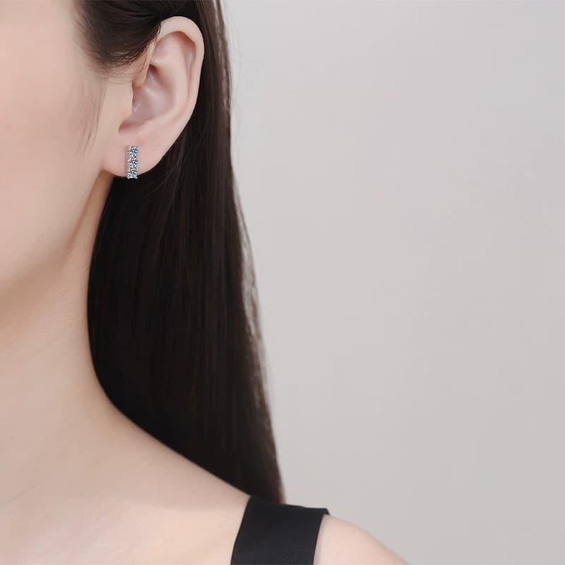 Luna Series · Three-Stone Round-Cut Bar Stud Earrings — Sterling Silver — image 2