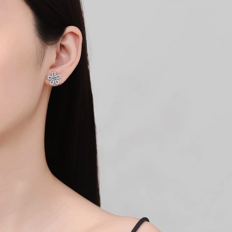 Luna Series · Five-Petal Flower Stud Earrings — Sterling Silver — image 2