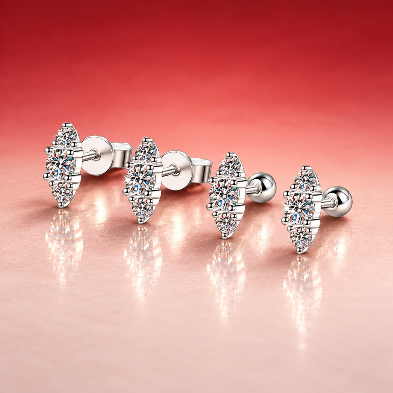 Three-Stone Cluster Stud Earrings — 925 Sterling Silver — image 1