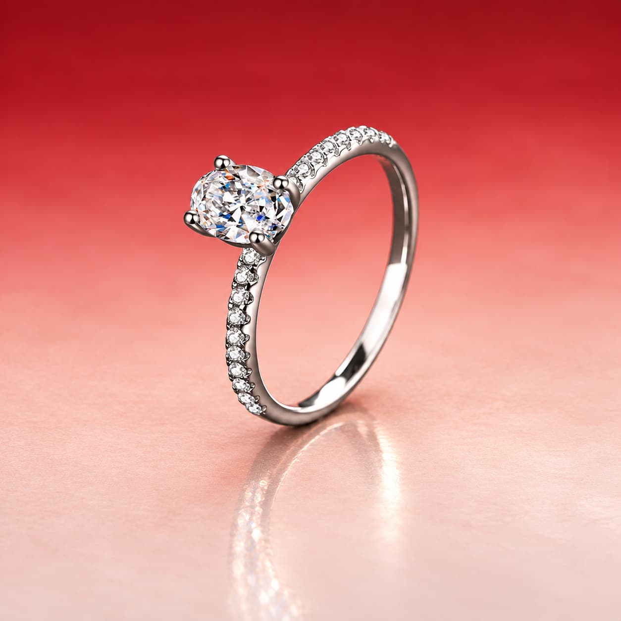 Oval Solitaire Pavé Shoulder Ring — 925 Sterling Silver — image 3