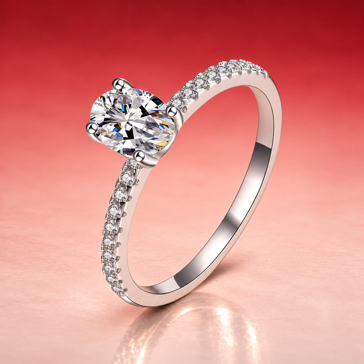 Oval Solitaire Pavé Shoulder Ring — 925 Sterling Silver — image 4