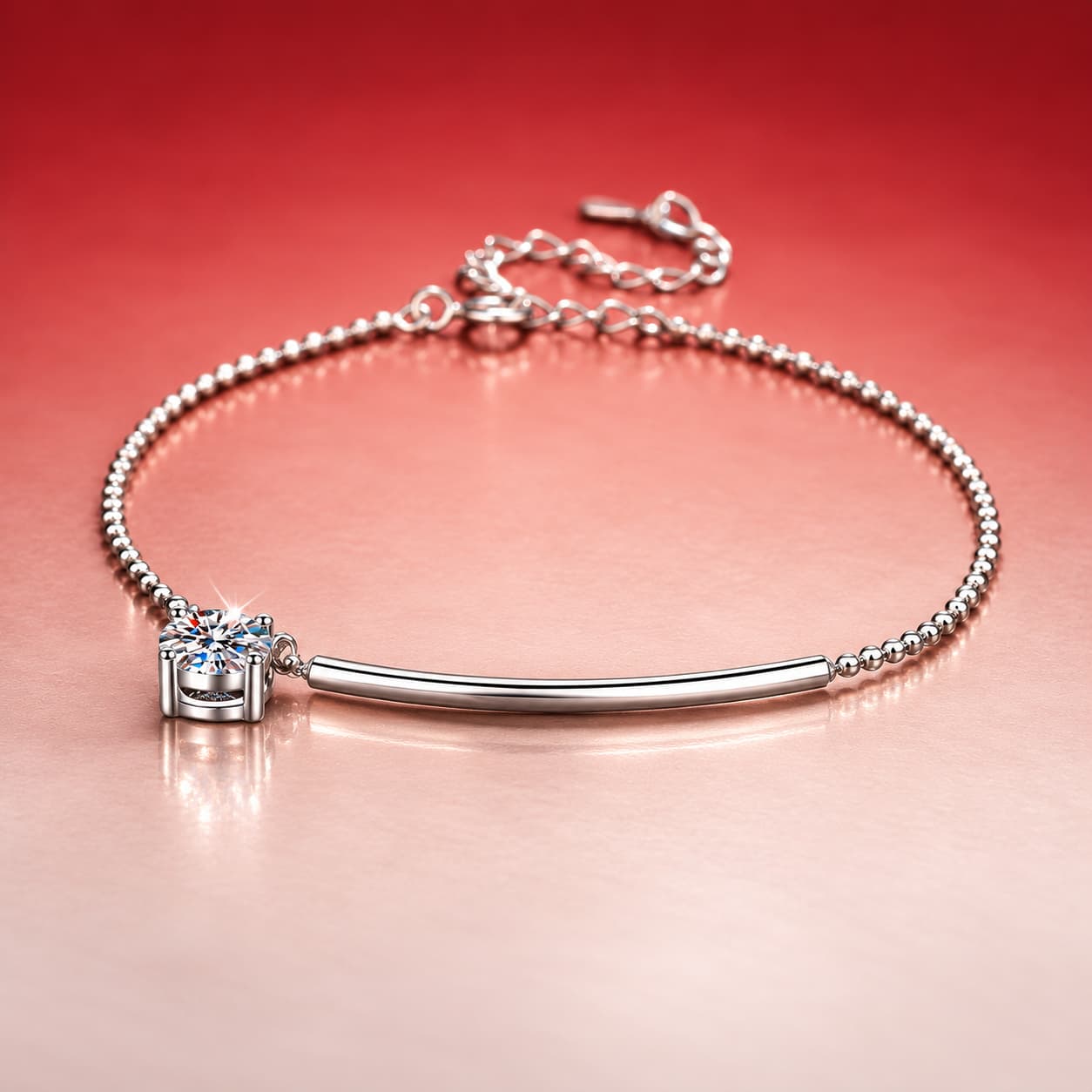 Curved Bar Solitaire Chain Bracelet — 925 Sterling Silver — image 3