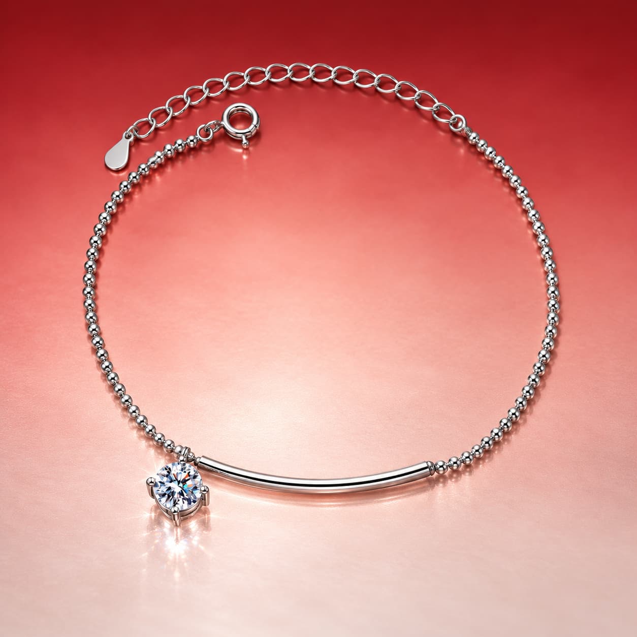 Curved Bar Solitaire Chain Bracelet — 925 Sterling Silver — image 4