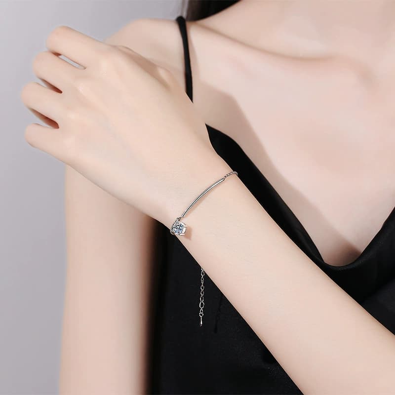 Curved Bar Solitaire Chain Bracelet — 925 Sterling Silver — image 2