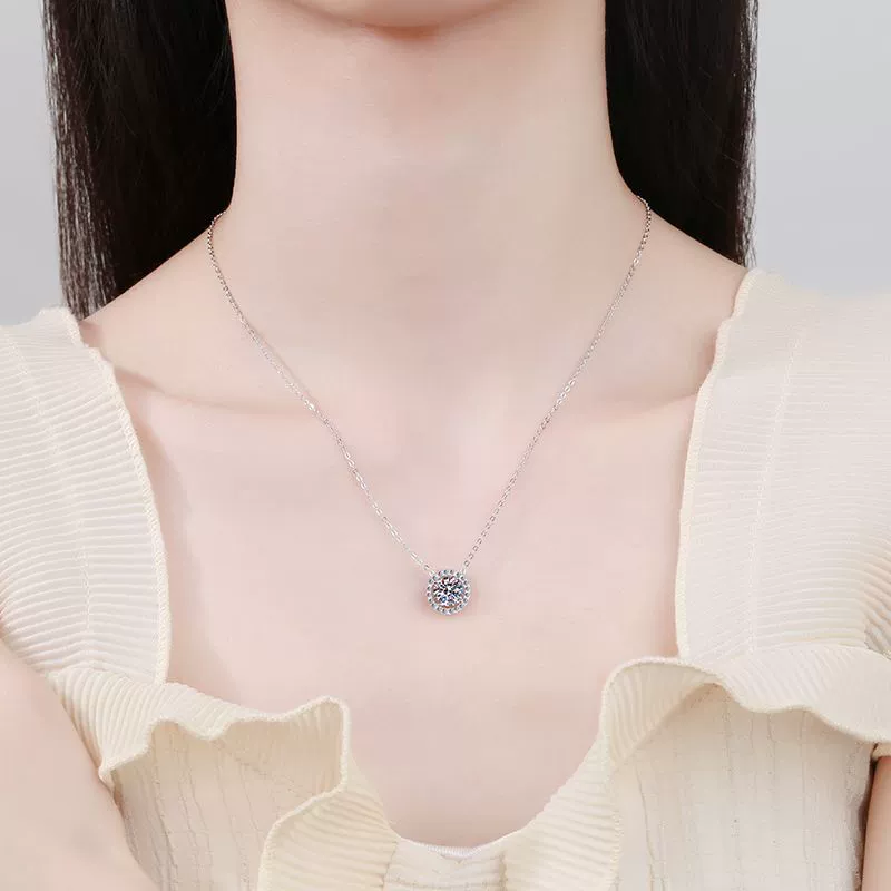 Luna Series · Round Halo Pendant Necklace — Sterling Silver — image 2
