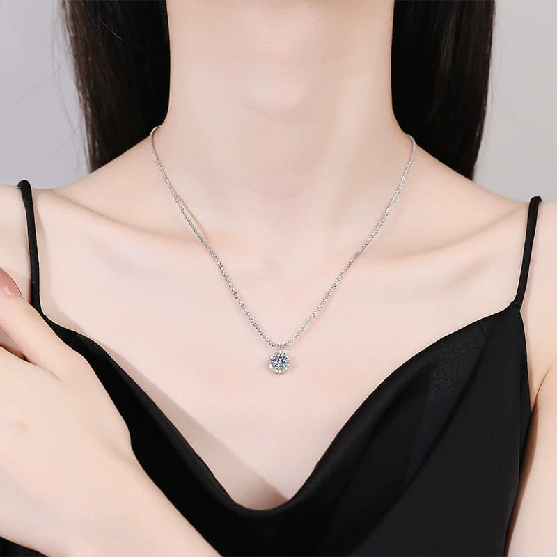 Luna Series · Round Halo Solitaire Necklace — Sterling Silver — image 2