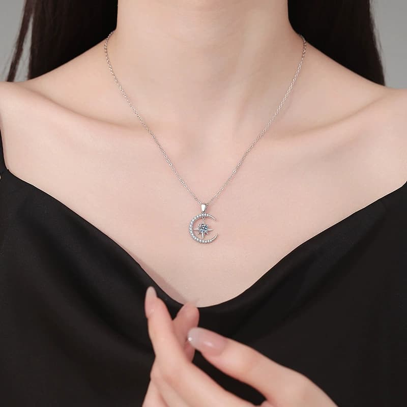 Luna Series · Crescent Moon and Star Necklace — Sterling Silver — image 2