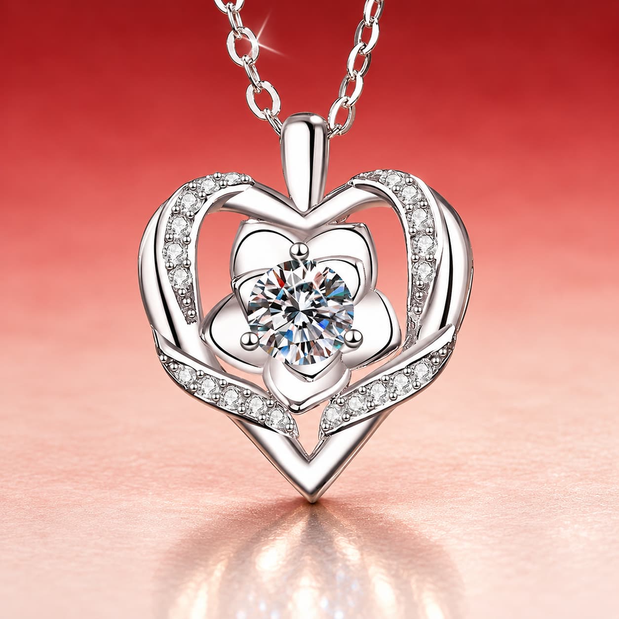 Luna Series · Rose-in-Heart Pendant Necklace — Sterling Silver — image 1