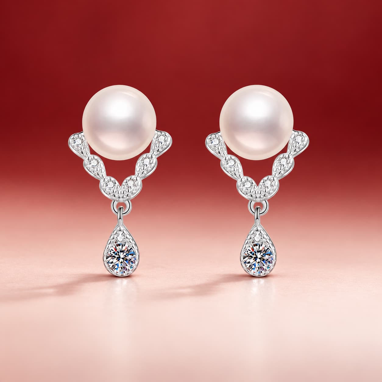 Luna Series · V-Chain Pearl Drop Earrings — 925 Sterling Silver — image 1