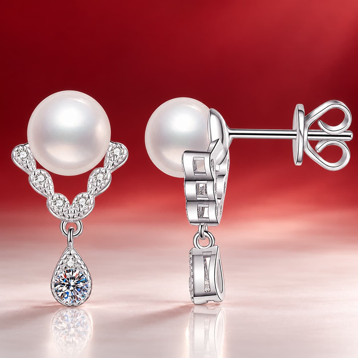 Luna Series · V-Chain Pearl Drop Earrings — 925 Sterling Silver — image 4