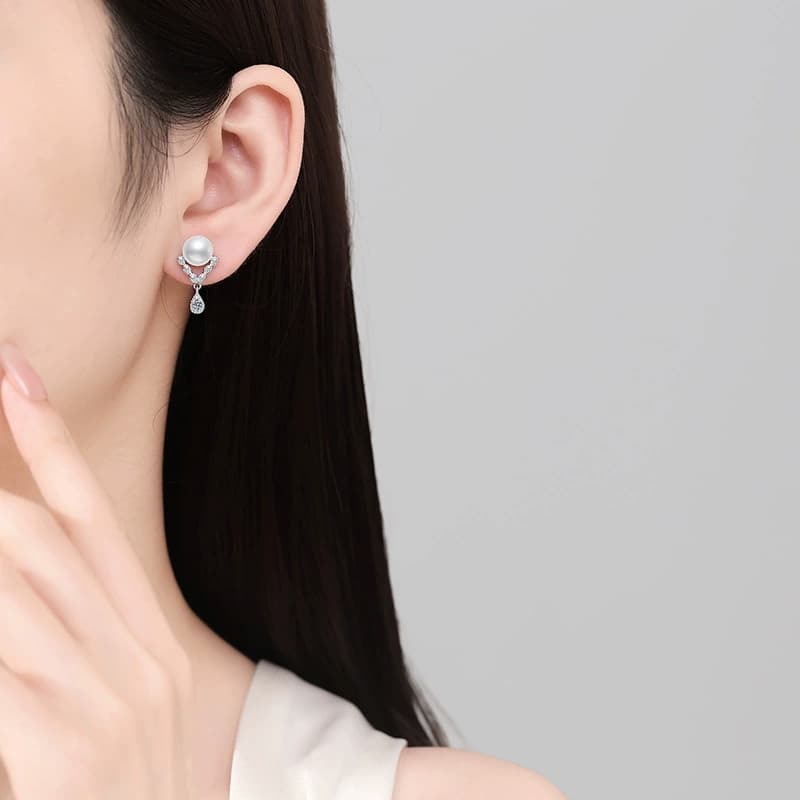 Luna Series · V-Chain Pearl Drop Earrings — 925 Sterling Silver — image 2