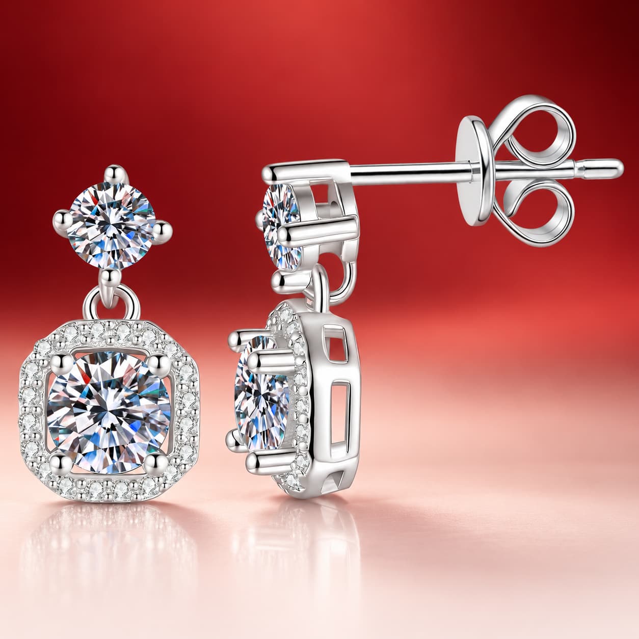 Luna Series · Cushion Halo Drop Stud Earrings — 925 Sterling Silver — image 4