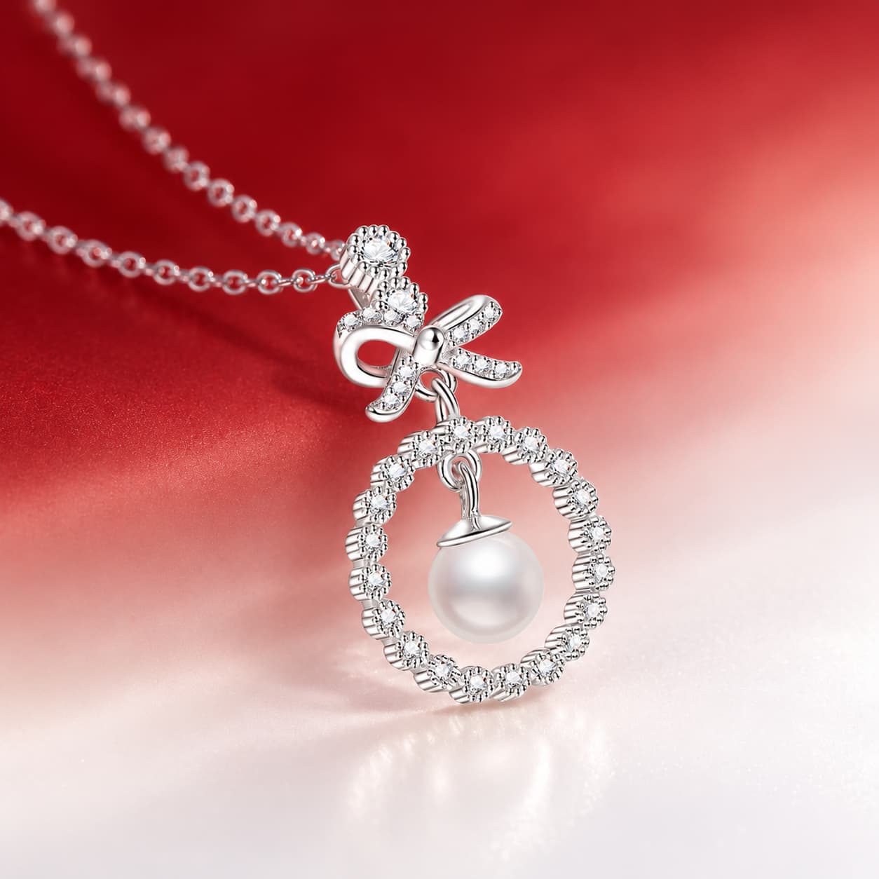 Luna Series · Bow and Pearl Halo Pendant Necklace — Sterling Silver — image 3