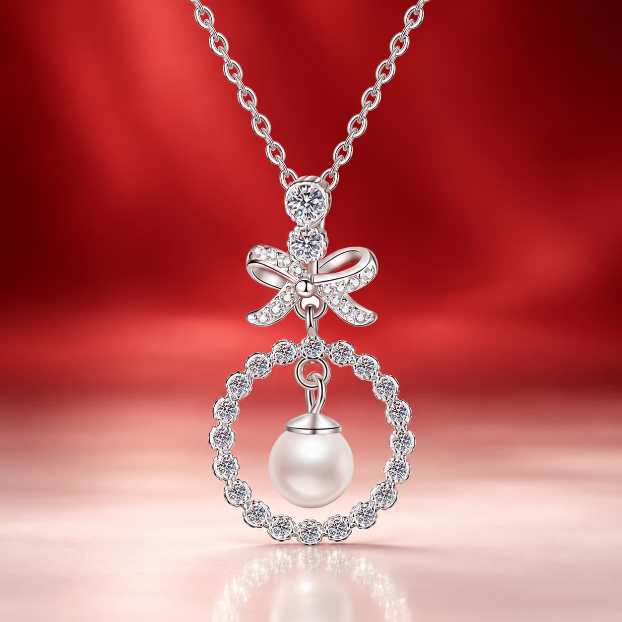 Luna Series · Bow and Pearl Halo Pendant Necklace — Sterling Silver — image 4