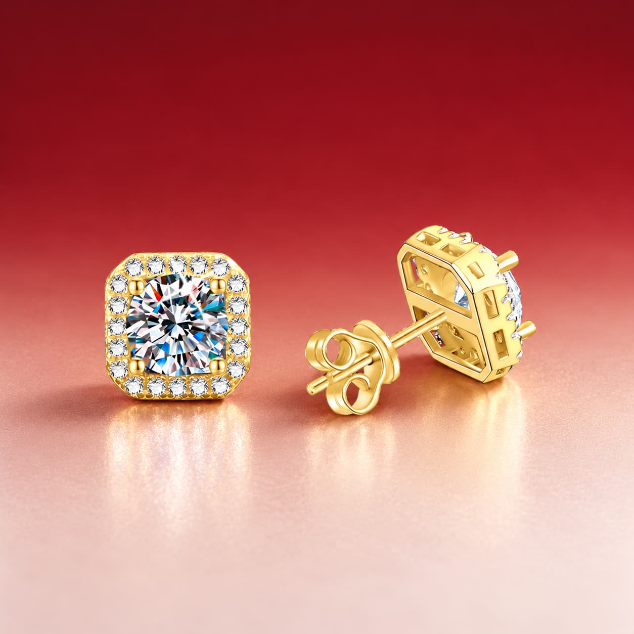 Luna Series · Cushion Halo Stud Earrings — 925 Sterling Silver · Gold Tone — image 1