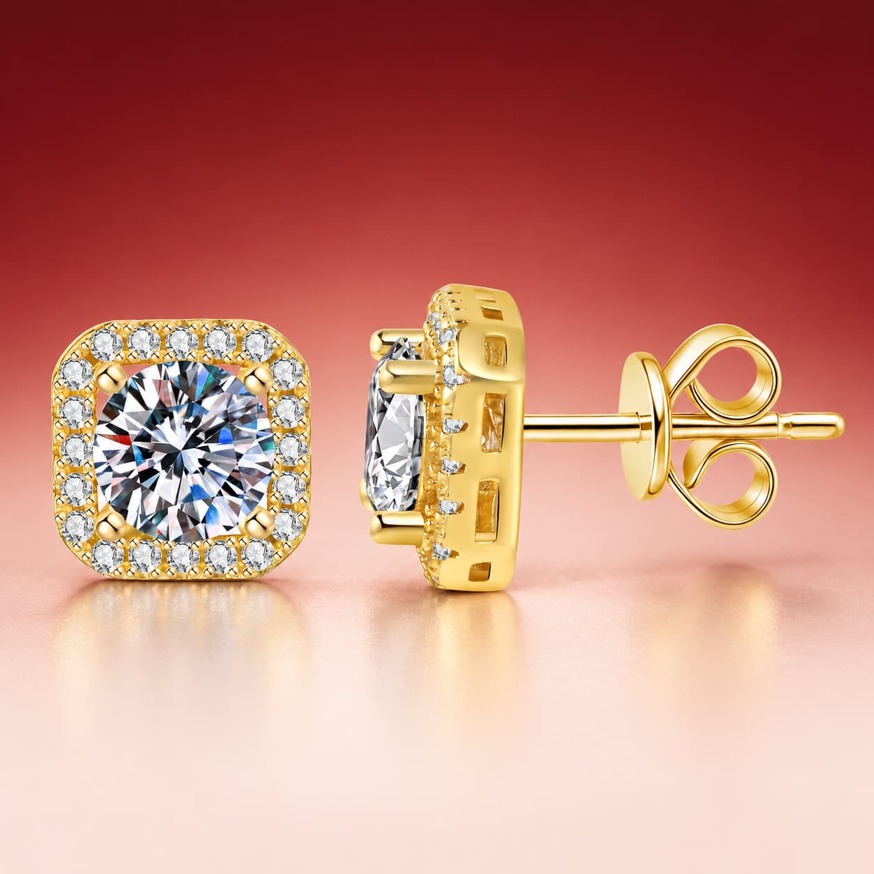 Luna Series · Cushion Halo Stud Earrings — 925 Sterling Silver · Gold Tone — image 4