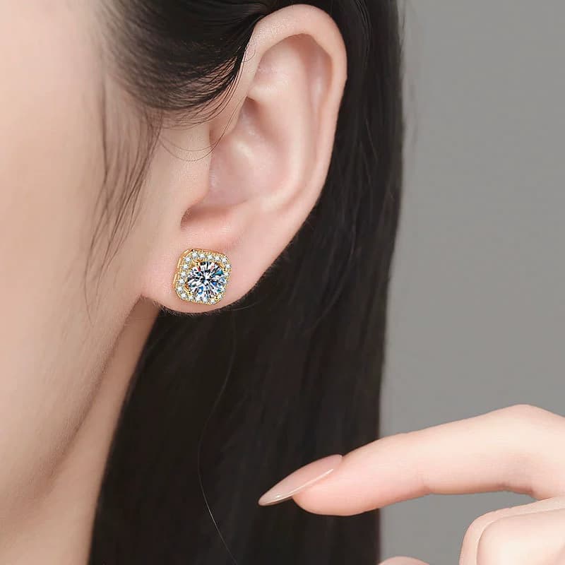 Luna Series · Cushion Halo Stud Earrings — 925 Sterling Silver · Gold Tone — image 2