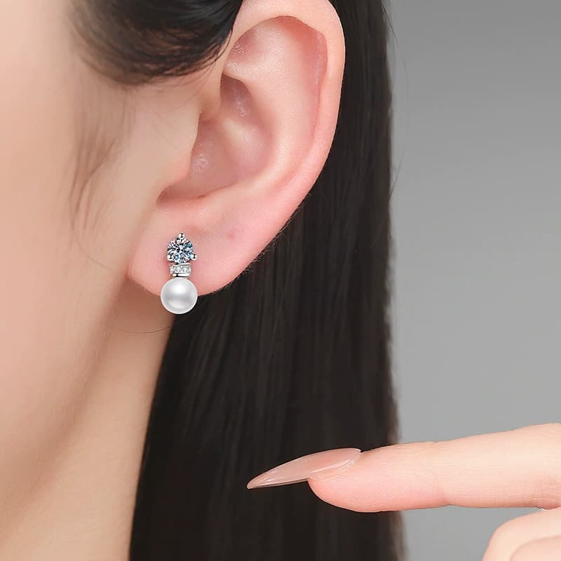 Luna Series · Moissanite and Pearl Drop Stud Earrings — Sterling Silver — image 2