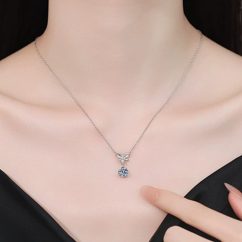 Luna Series · Bow and Drop Solitaire Pendant Necklace — Sterling Silver — image 2