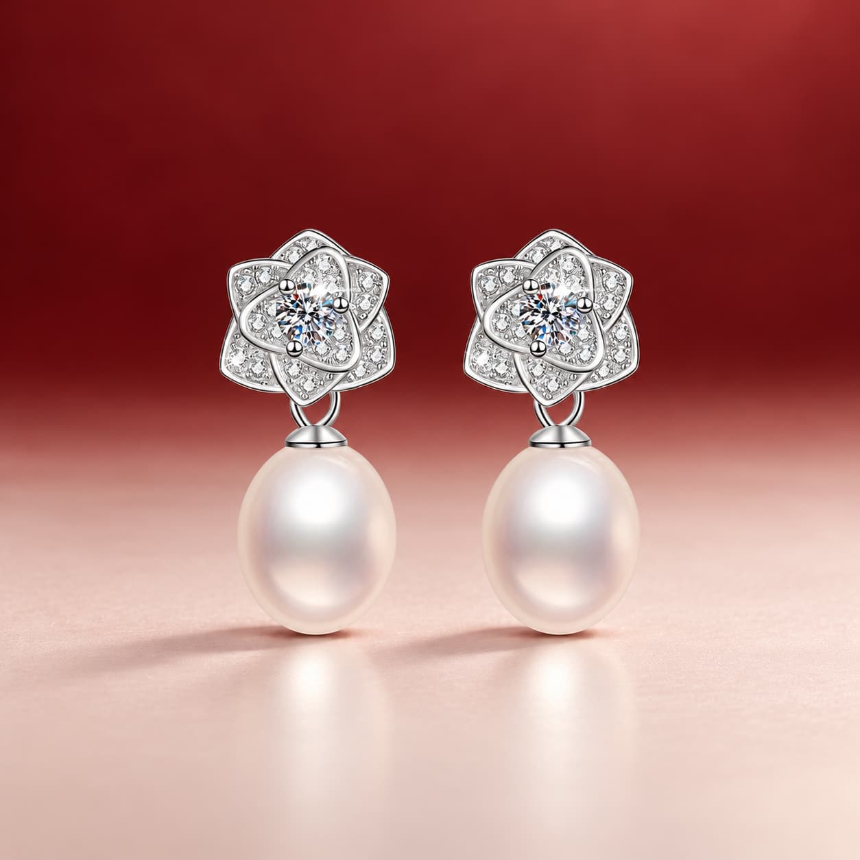 Luna Series · Camellia Pearl Drop Stud Earrings — 925 Sterling Silver — image 1