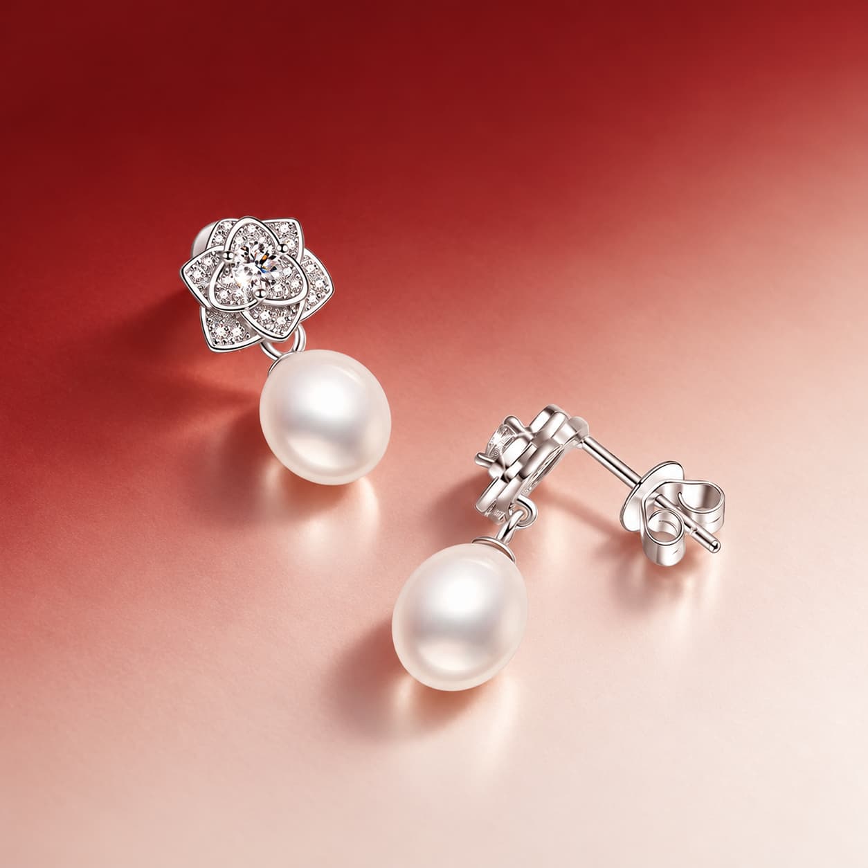 Luna Series · Camellia Pearl Drop Stud Earrings — 925 Sterling Silver — image 3