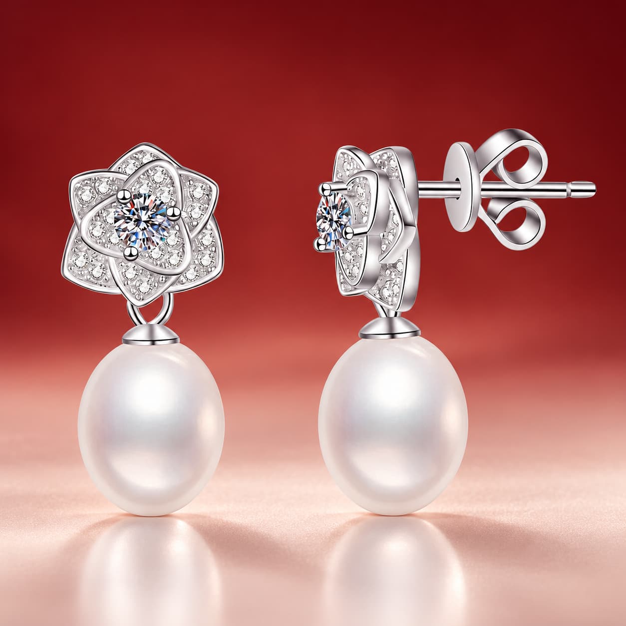 Luna Series · Camellia Pearl Drop Stud Earrings — 925 Sterling Silver — image 4