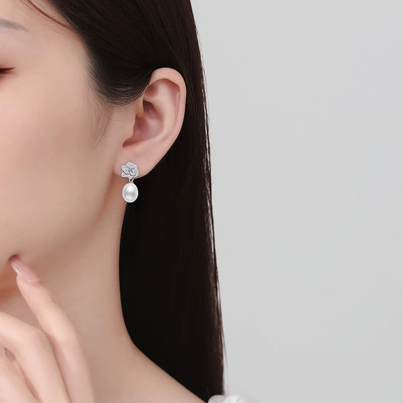 Luna Series · Camellia Pearl Drop Stud Earrings — 925 Sterling Silver — image 2
