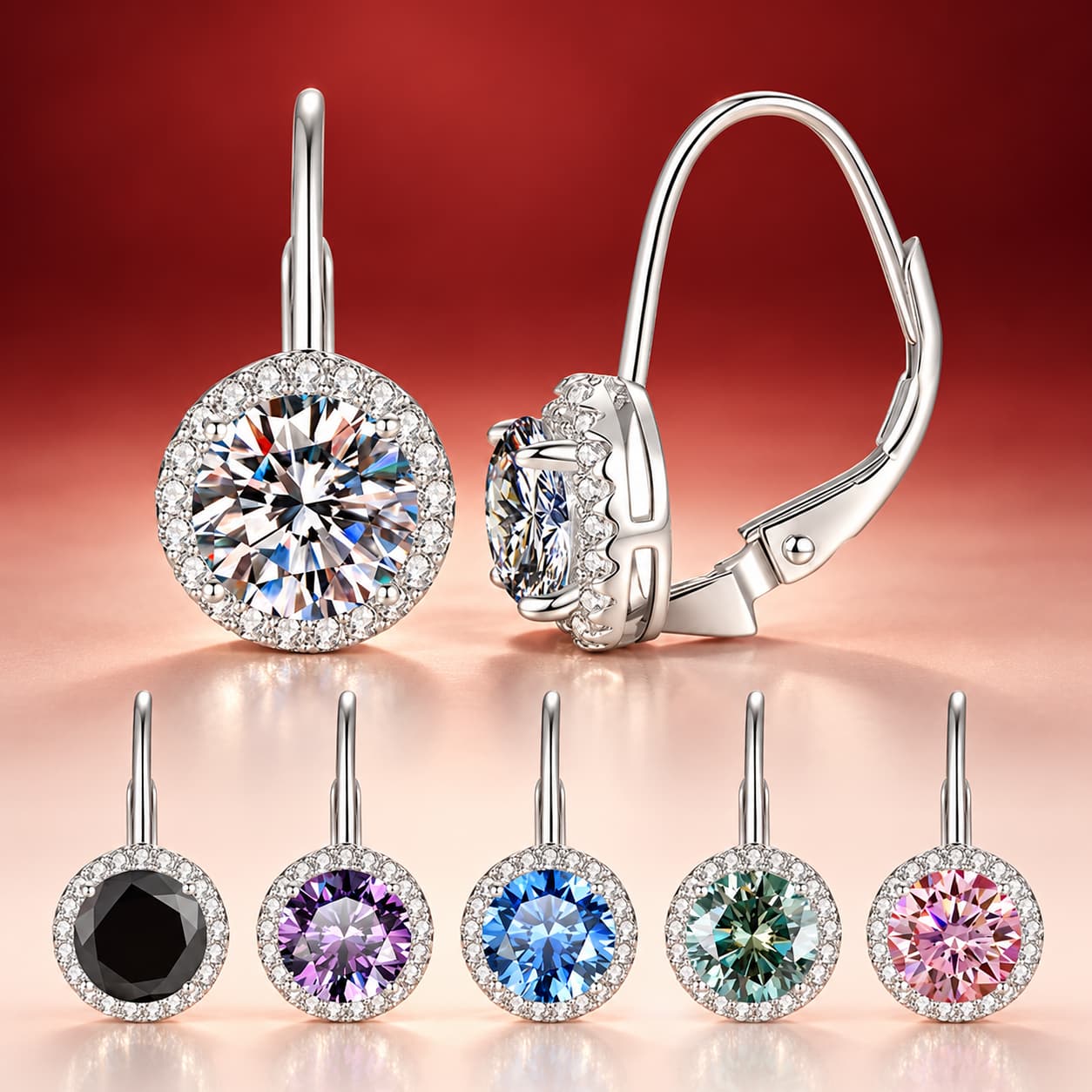 Luna Series · Coloured Moissanite Halo Earrings — 925 Sterling Silver — image 1