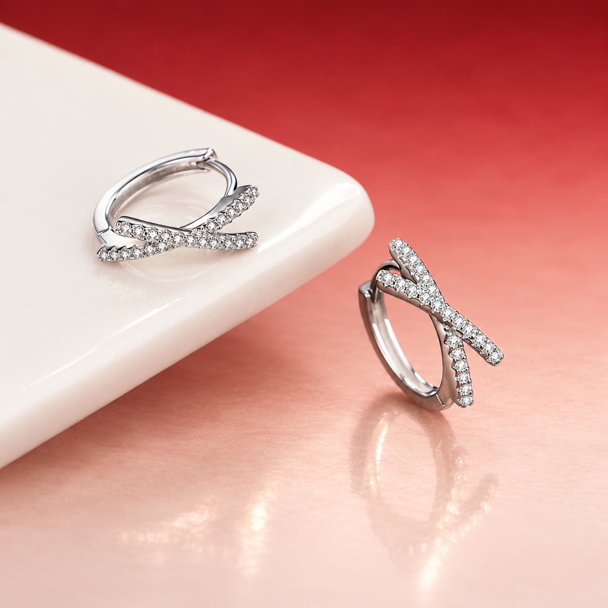 Luna Series · Crossed Pavé Huggie Earrings — Sterling Silver — image 3