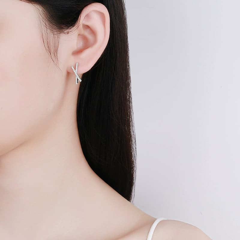 Luna Series · Crossed Pavé Huggie Earrings — Sterling Silver — image 2