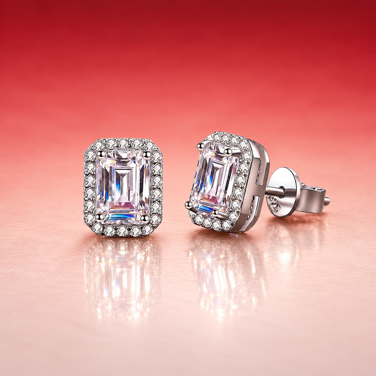 Luna Series · Step-Cut Halo Stud Earrings — Sterling Silver — image 1