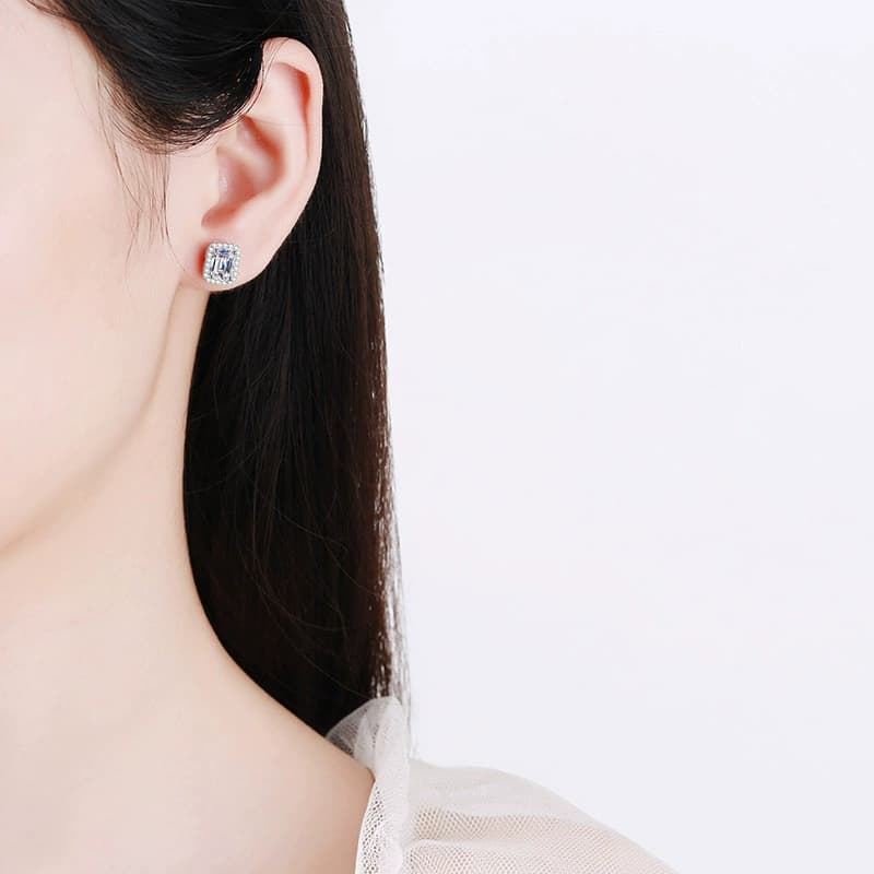Luna Series · Step-Cut Halo Stud Earrings — Sterling Silver — image 2
